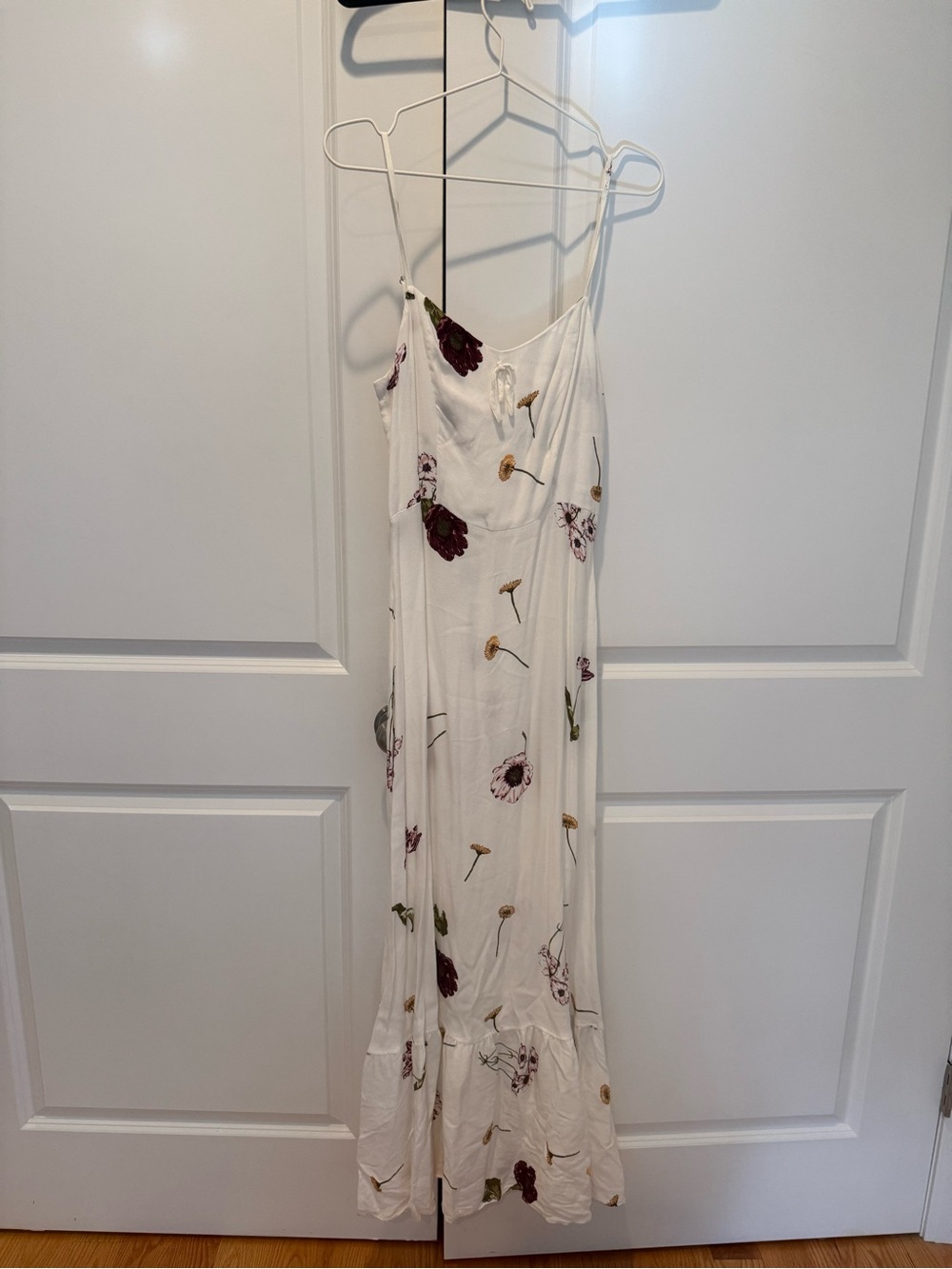 Reformation White Floral Slip Maxi Dress with Burgundy and Tan Blooms